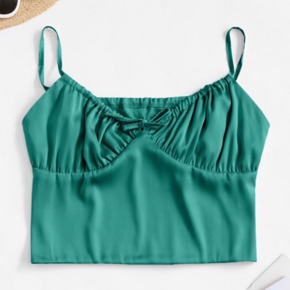 Zaful Tops - NWT Emerald Tie Collar Smocked Back Satin Tank 💙